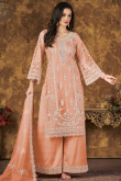 Dori Work Embroidered Net Salmon Peach Palazzo Suit