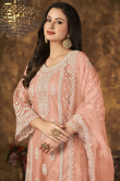 Dori Work Embroidered Net Salmon Peach Palazzo Suit
