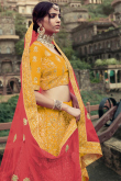 Dori Work Embroidered Satin Mustard Yellow Lehenga