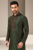 Double Shade Teal Green Dupion Silk Embroidered Men's Kurta With Churidar