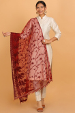 Deep Red Resham Embroidered Net Dupatta