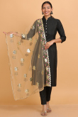 Trombone Yellow Resham Embroidered Net Dupatta