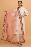 Light Red Zari Embroidered Net Dupatta