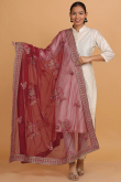 Deep Red Zari Embroidered Net Dupatta