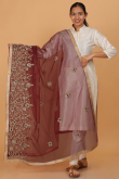 Deep Red Net Zari and Mirror Embroidered Dupatta 