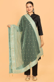 Mint Green Net Embroidered Dupatta With Lace