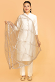 Grey Beige Net Sequins Embroidered Dupatta