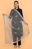 Grey Net Resham Thread Embroidered Dupatta