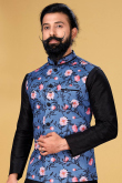Dupion Silk Black Men's Kurta With Printed Jacket