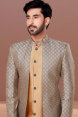 Dupion Silk Dark Beige Men Sherwani