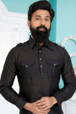 Dupion Silk Dark Black Men Kurta Pajama