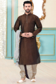 Dupion Silk Dark Brown Men Kurta With Dhoti