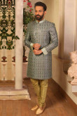 Dupion Silk Embroidered Sherwani In Grey Colour For Men