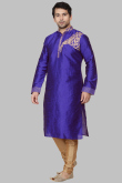Dupion Silk Indigo Blue Dori Embroidered Men's Kurta Churidar