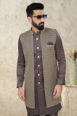 Dupion Silk Mauve Brown Men's Embroidered Jacket Style Sherwani