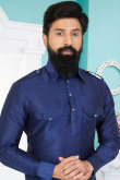 Navy Blue Pathani Dupion Silk Men Kurta Pajama for Party 