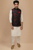 Dupion Silk Off-White Men Kurta With Churidar Pajama