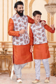 Dupion Silk Orange Father & Son Jacket Style Kurta Churidar