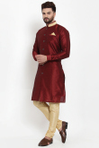 Dupion Silk Plain Men Kurta Pajama In Dark Maroon