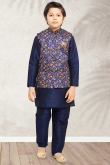 Dupion Silk Plain Navy Blue Jacket Style Boy's Kurta Pajama 