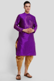 Dupion Silk Printed Purple Straight Cut Men's Kurta With Dhoti