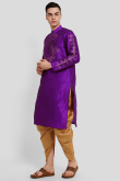 Dupion Silk Printed Purple Straight Cut Men's Kurta With Dhoti