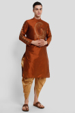 Dupion Silk Printed Rust Orange Straight Cut Men's Kurta With Dhoti