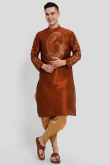 Dupion Silk Printed Rust Orange Straight Cut Men's Kurta With Dhoti