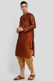 Dupion Silk Printed Rust Orange Straight Cut Men's Kurta With Dhoti