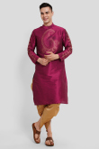 Dupion Silk Rani Pink Printed Straight Cut Men's Kurta With Dhoti