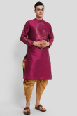 Dupion Silk Rani Pink Printed Straight Cut Men's Kurta With Dhoti