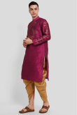 Dupion Silk Rani Pink Printed Straight Cut Men's Kurta With Dhoti