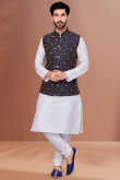 White Churidar Wedding Wear Men Kurta Pajama in Dupion Silk