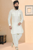 White Dupion Silk Men Kurta Pajama for Casual Wear