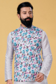 Dupion Silk White Men's Kurta With Printed Jacket