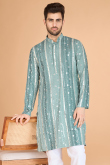 Dusty Blue Cotton Silk Men's Kurta With Sequins Work For Weddings