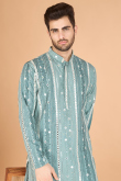Dusty Blue Cotton Silk Men's Kurta With Sequins Work For Weddings