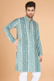 Dusty Blue Cotton Silk Men's Kurta With Sequins Work For Weddings