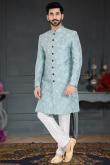 Dusty Blue Jacquard Straight Cut Men's Sherwani