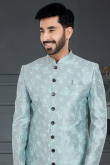Dusty Blue Jacquard Straight Cut Men's Sherwani