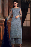 Dusty Blue Net Dori Embroidered Palazzo Suit For Sangeet 