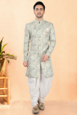 Dusty Blue Silk Blend Men's Sherwani with Weaved Work for Wedding