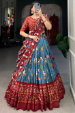 Dusty Blue Tussar Silk Lehenga With Printed Work For Diwali