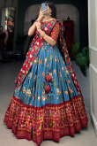Dusty Blue Tussar Silk Lehenga With Printed Work For Diwali