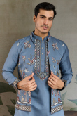 Dusty Blue Viscose Silk Men's Kurta Pajama With Embroidered Jacket