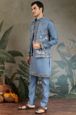 Dusty Blue Viscose Silk Men's Kurta Pajama With Embroidered Jacket