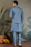 Dusty Blue Viscose Silk Men's Kurta Pajama With Embroidered Jacket