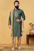 Dusty Green Jacquard Churidar Men Kurta