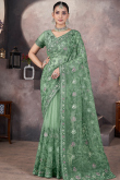 Dusty Green Net Embroidered Fancy Saree for Festival 