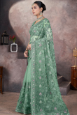 Dusty Green Net Embroidered Fancy Saree for Festival 